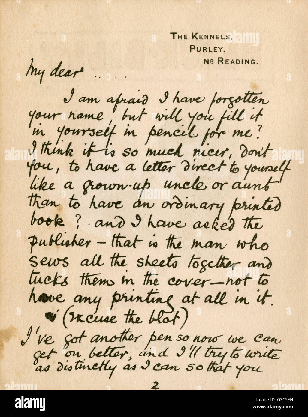 Première page d'un livre par Cecil Aldin, Billy Black, dans la lettre de la série de livres. C'est dans l'Aldin main, avec l'adresse de son domicile en haut : le chenil, Purley, près de Reading. Date : 1921 Banque D'Images