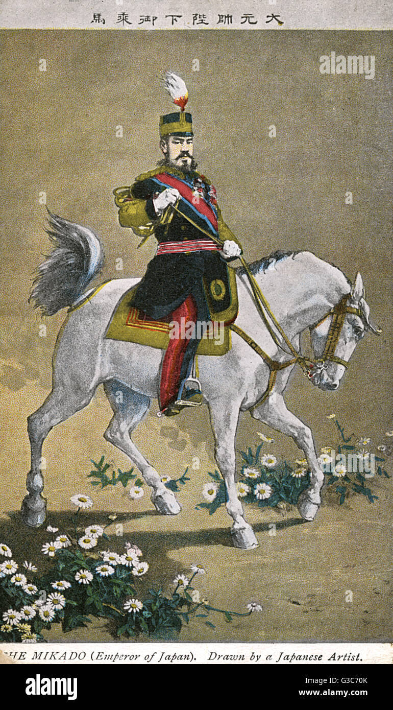Mikado l'empereur Meiji du Japon l'empereur Meiji Meiji (18521912) (le Grand) - le 122e Empereur du Japon. Sur la photo d'un cheval blanc steed. Date : vers 1890 Banque D'Images