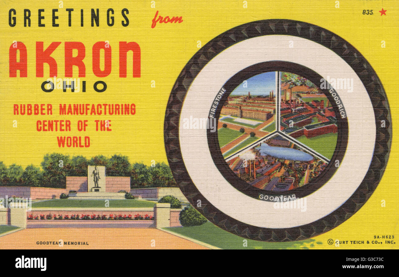 Bonjour carte postale d'Akron, Ohio, USA, centre de fabrication de caoutchouc du monde, montrant le Goodyear Memorial et un pneu en caoutchouc contenant de forme trois scènes (Firestone, Goodrich et Goodyear). Date : 1939 Banque D'Images