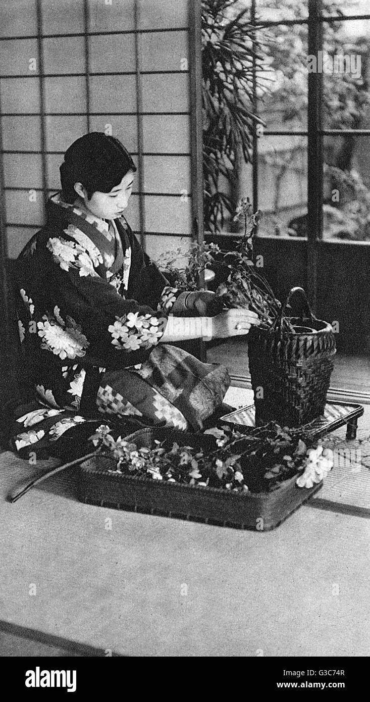 Japon - fille pratiquant Ikebana Flower Arrangement Banque D'Images