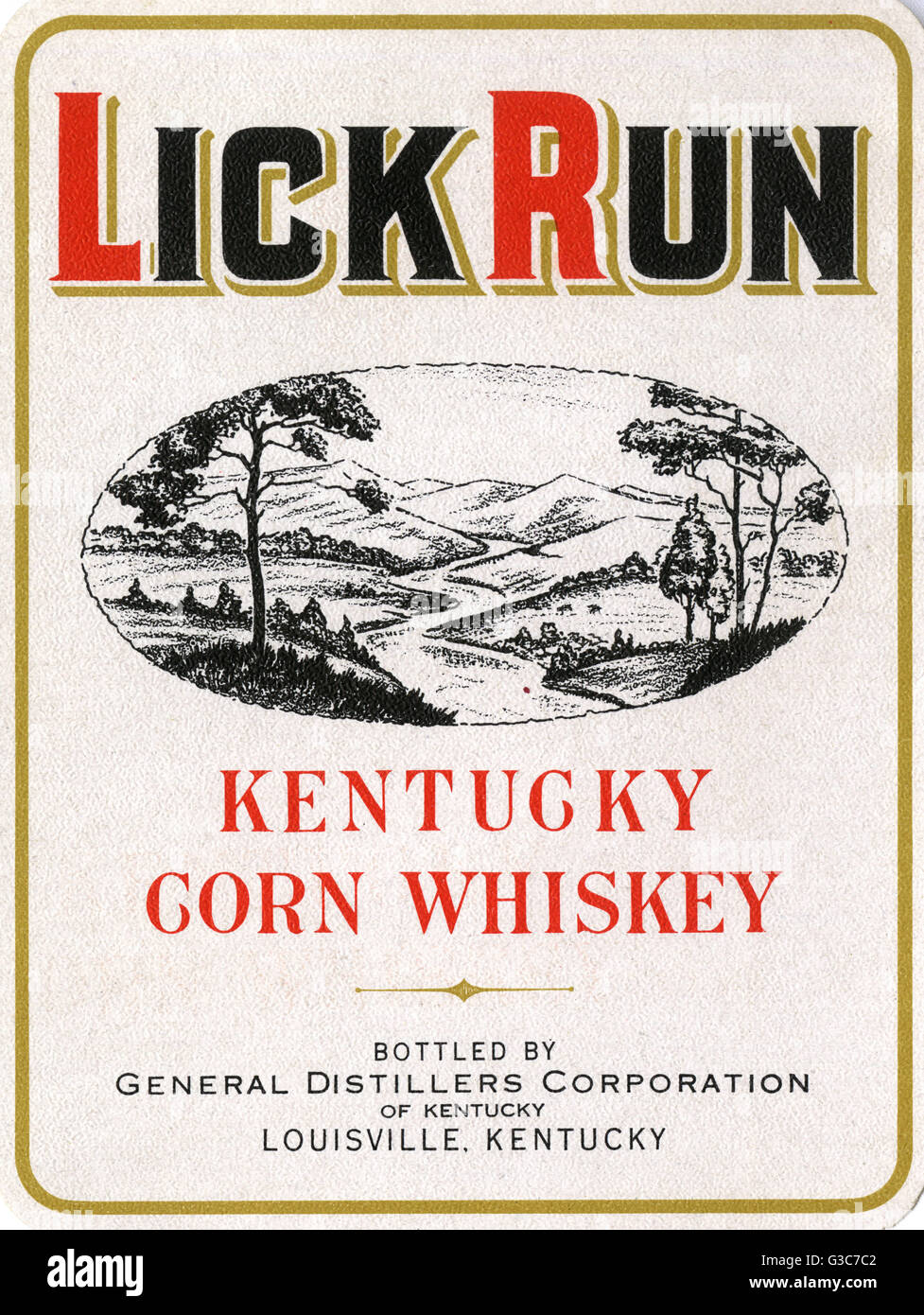 Étiquette pour Lick Run, Kentucky Corn Whiskey Banque D'Images