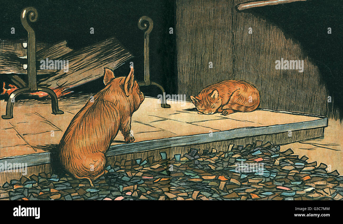 Pierre affamé comme un porcelet approche d'une cheminée Banque D'Images