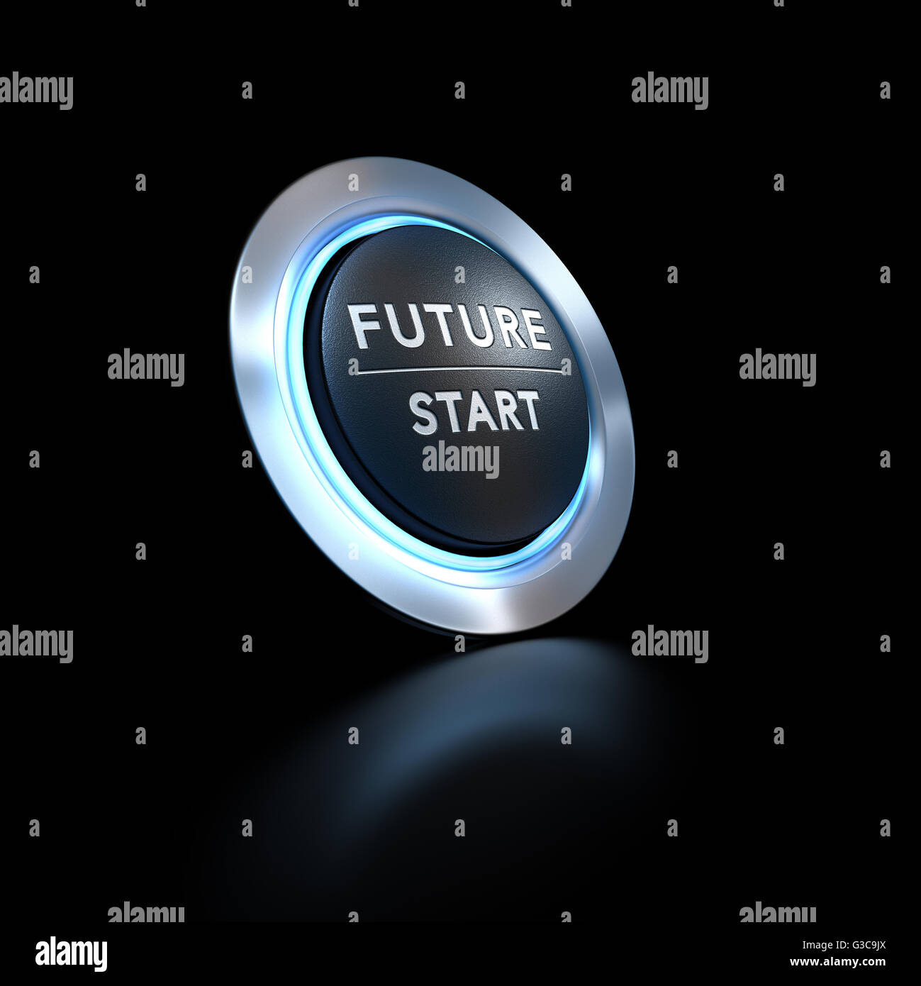 3D illustration d'un bouton-poussoir où il est écrit avenir commencer avec lumière bleue sur fond noir. Image Concept pour illust Banque D'Images