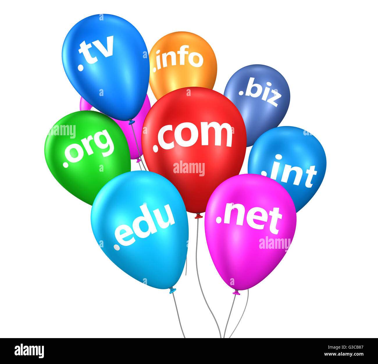 Concept de nom de domaine pour l'Internet et noms de domaine web inscrivez-vous sur ballons flottant coloré 3D illustration isolé sur blanc. Banque D'Images
