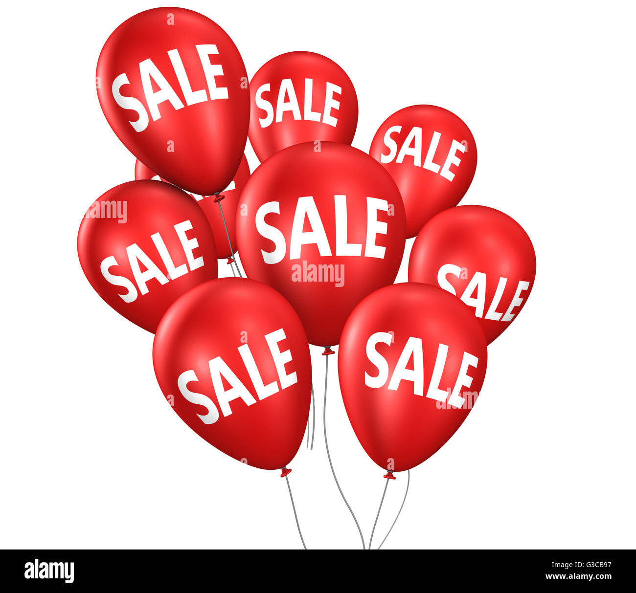 Ventes et achats discount promo avec vente et signer le texte sur ballons flottant rouge illustration isolé sur fond blanc. Banque D'Images