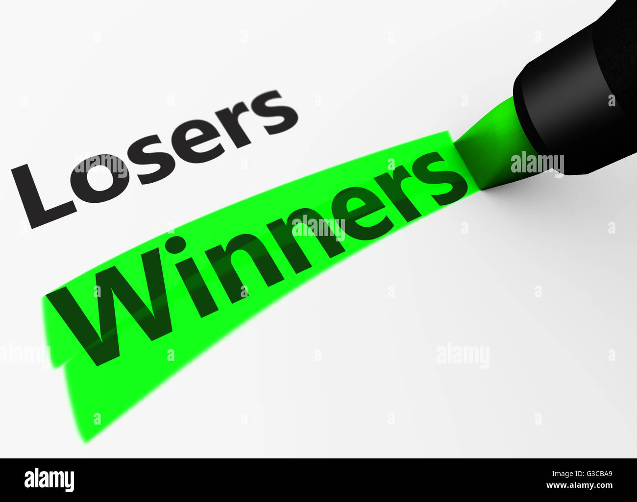 Les gagnants et perdants vie par rapport à l'idée avec les gagnants du mot et le texte mis en surbrillance avec un marqueur vert. Banque D'Images