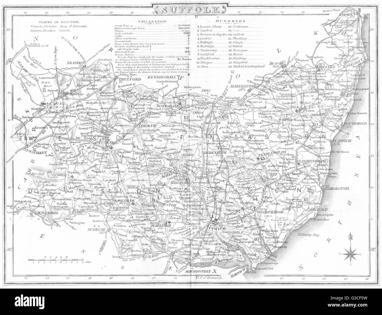 SUFFOLK Comté : carte. Les lieux de vote. Coach des routes. DUGDALE, 1845 Banque D'Images