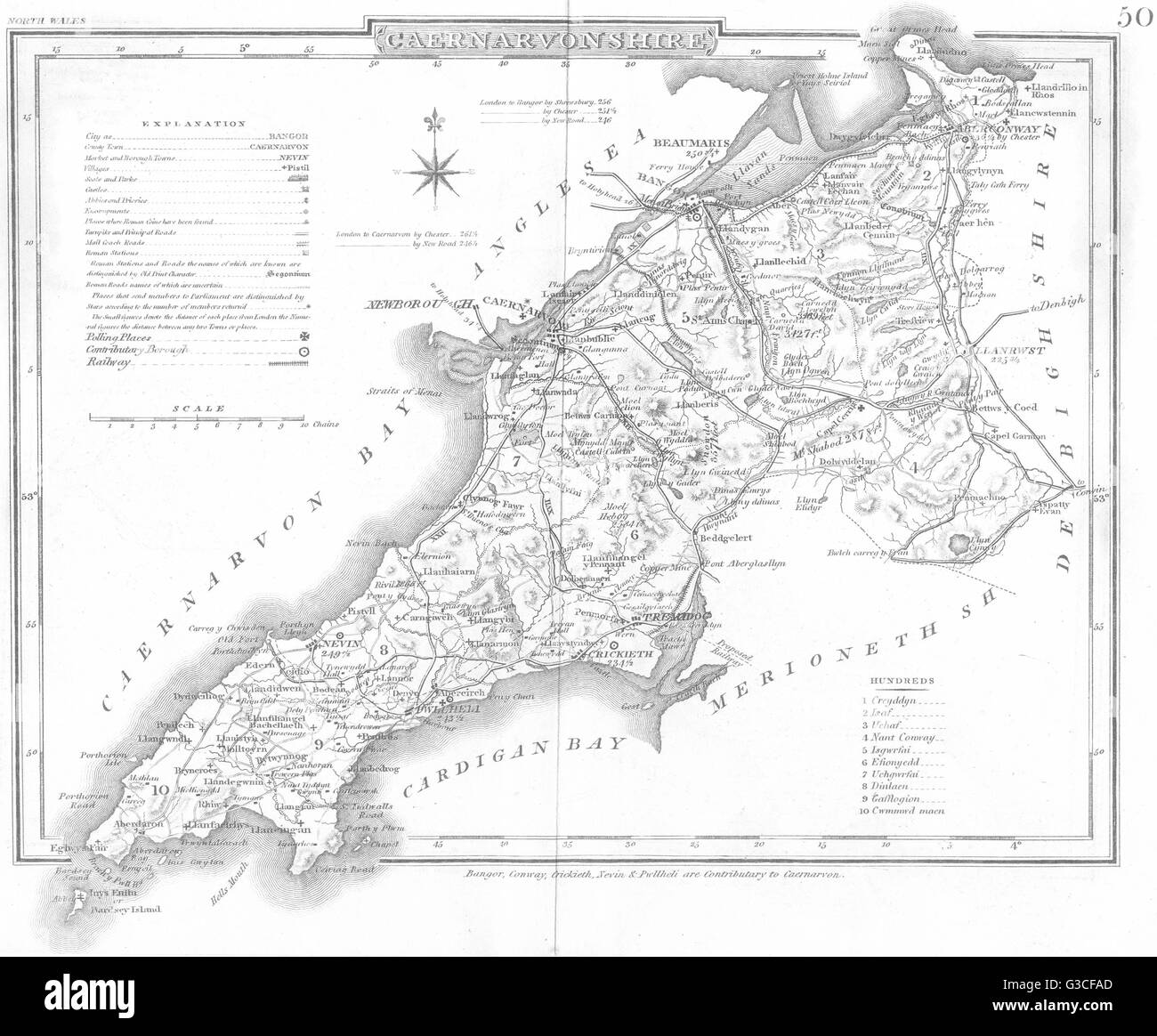 CAERNARVONSHIRE : carte du comté. Les lieux de vote. Coach des routes. DUGDALE, 1845 Banque D'Images