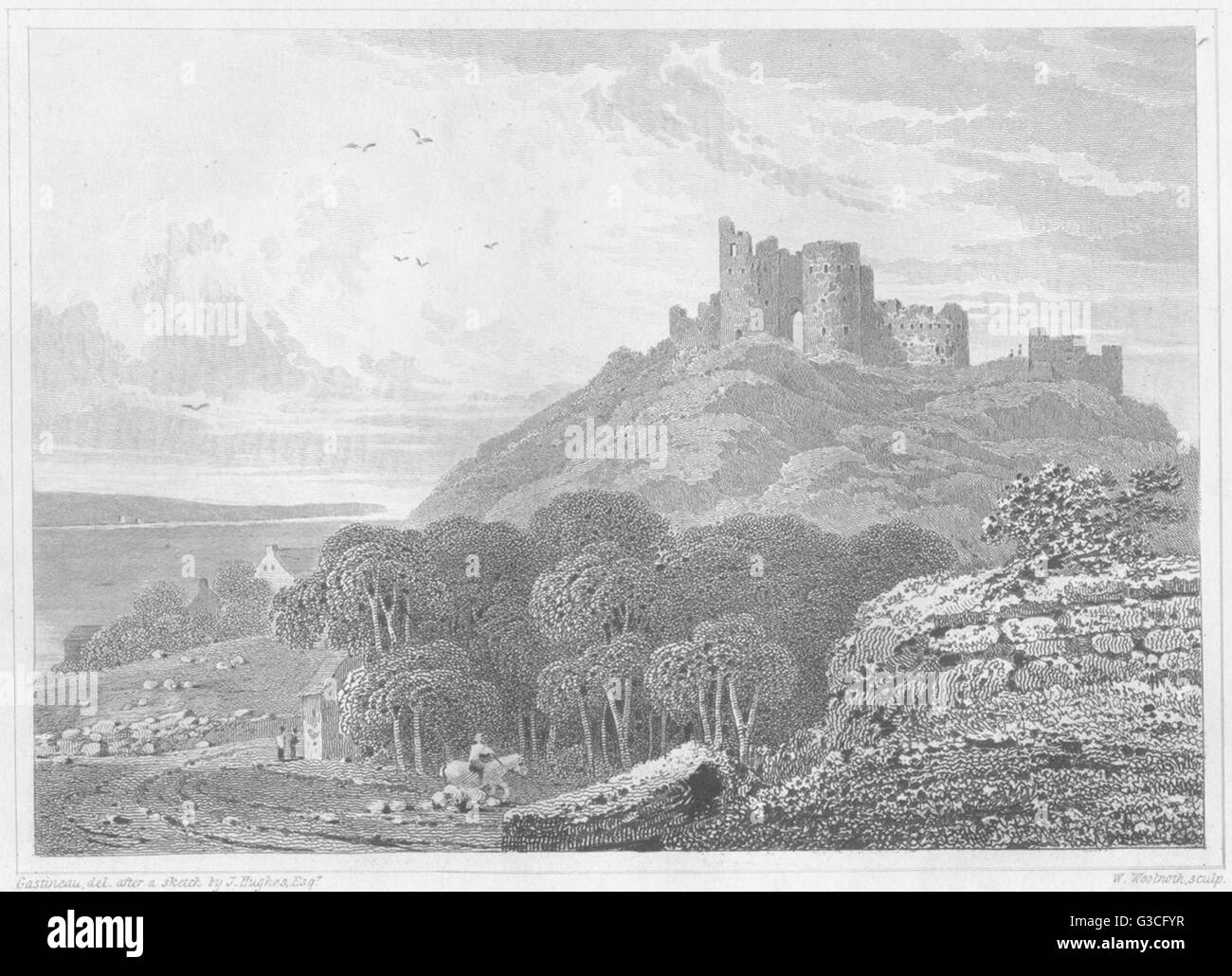 Pays de Galles : Château Cricieth, Caernarvonshire. DUGDALE, antique print 1845 Banque D'Images