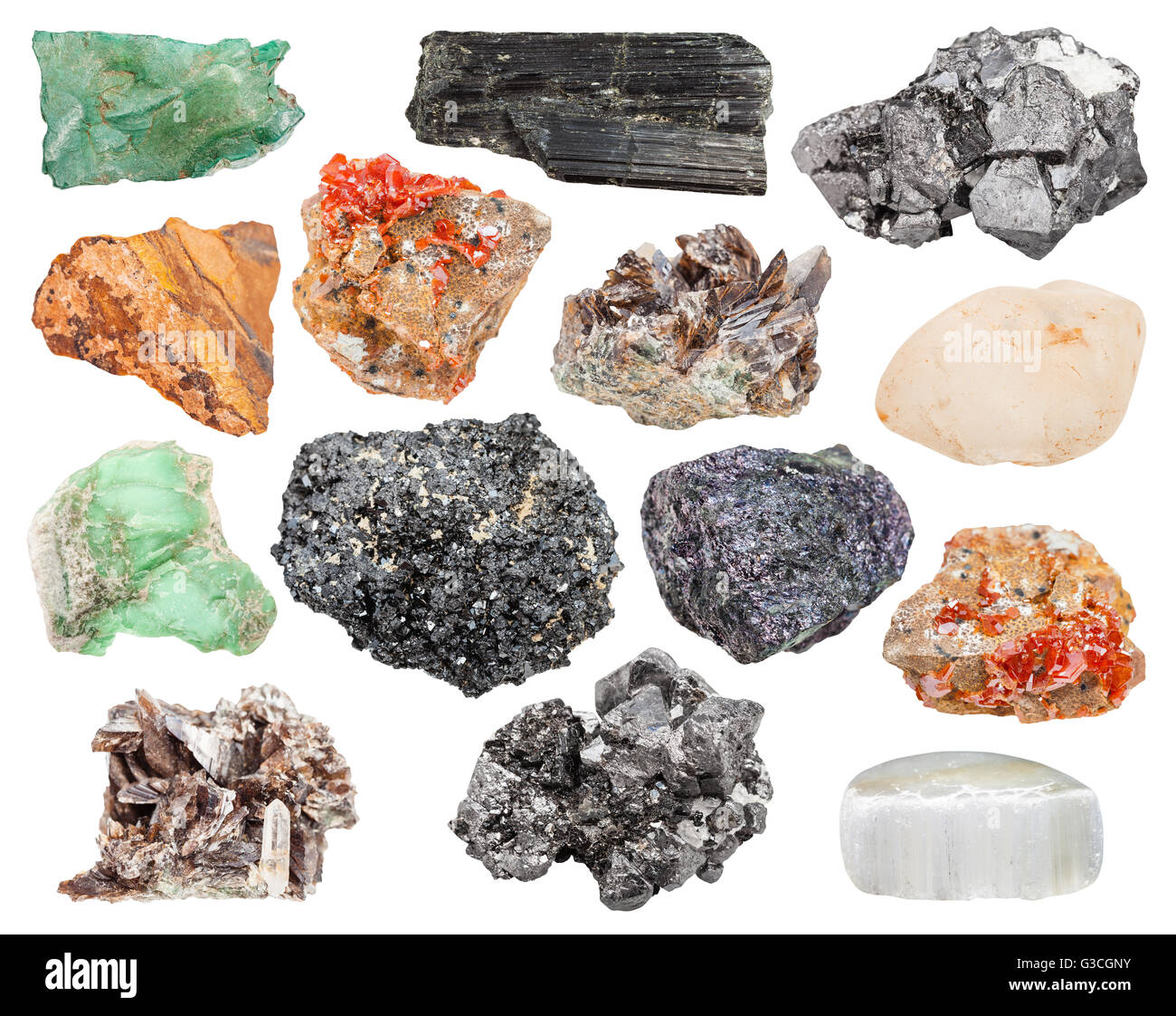 Ensemble de cristaux de minéraux différents, des pierres et des pierres  précieuses : la vanadinite, bornite, la magnétite, l'axinite, tiger-eye,  aegyrine, volkonsko Photo Stock - Alamy