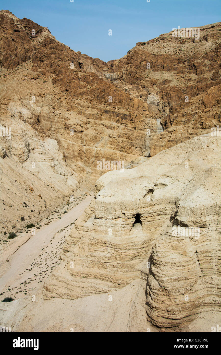 Israël, Cisjordanie, Qumran, parc national, paysage, Néguev, désert, montagnes, rochers, Banque D'Images