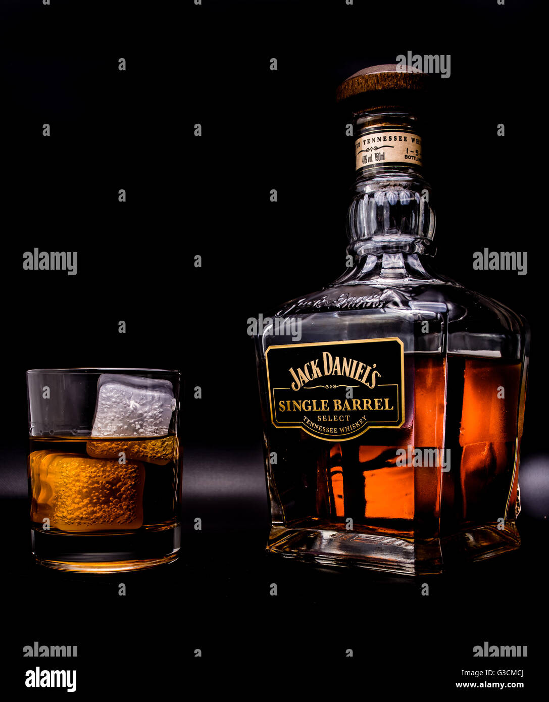 Whisky Bourbon whiskey Jack Daniels single barrel décanteur Photo Stock
