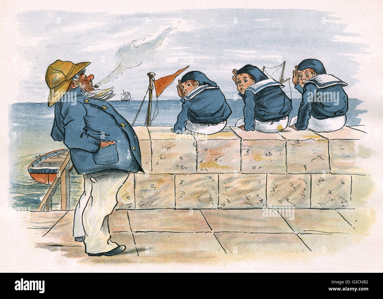 Trois écoliers en fuite, enantés par un ancien capitaine de mer salée Banque D'Images