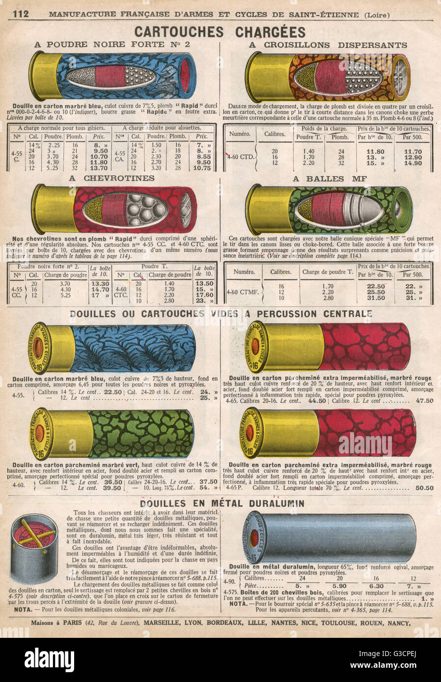 Publicité pour cartouches français - dans beaucoup de différentes couleurs et varie, chacune correspond à une autre forme d'exposé, de la charge et de style. Une page d'un catalogue commercial pour la "fabrication Francaise d'Armes et cycles de Saint-Etienne (Loire)'. Date : vers Banque D'Images