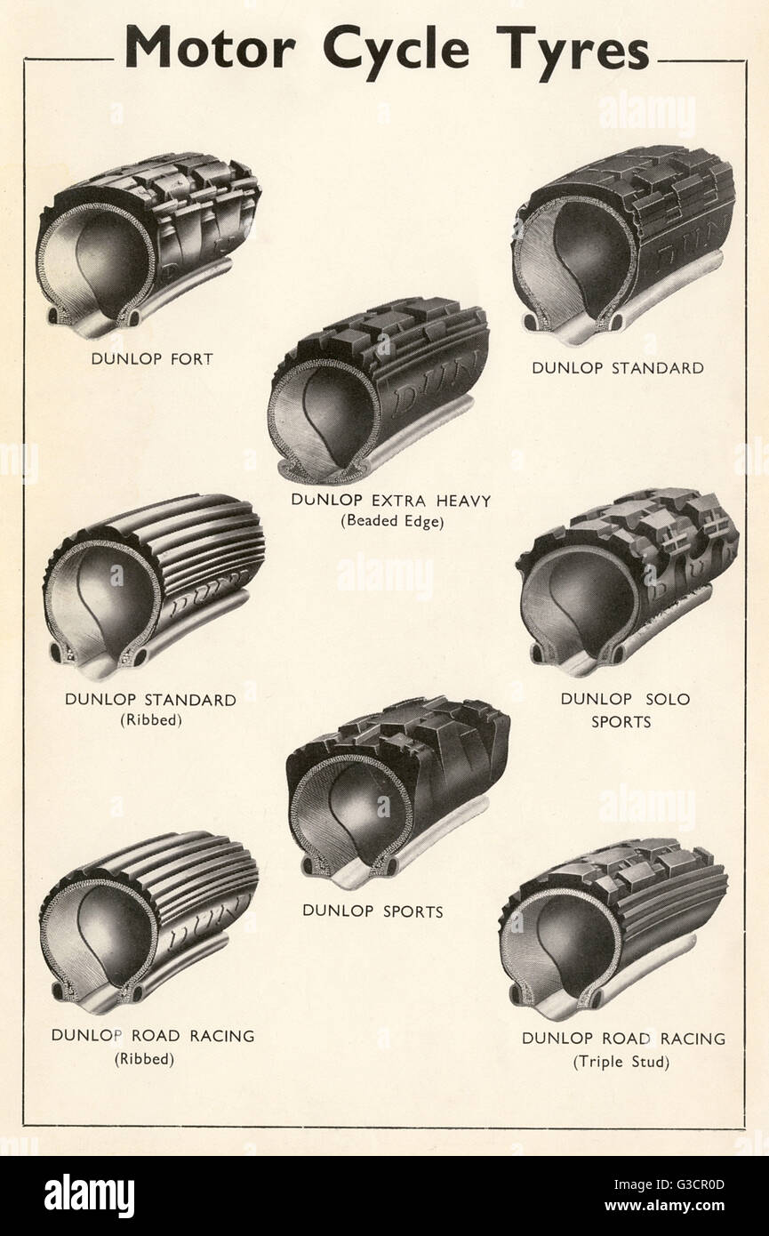 Pneus de cycle moteur - Dunlop - huit styles de pneus différents Banque D'Images