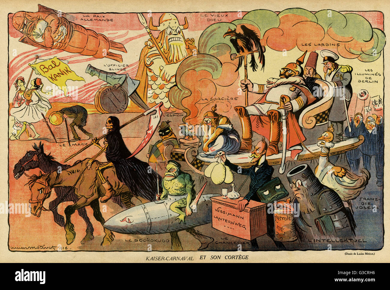 Caricature, Kaiser Carnaval et son cortège, WW1 Banque D'Images