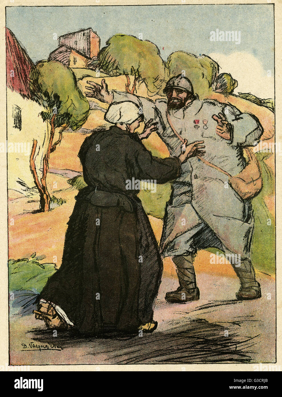 Caricature, soldat réuni avec mère, WW1 Banque D'Images