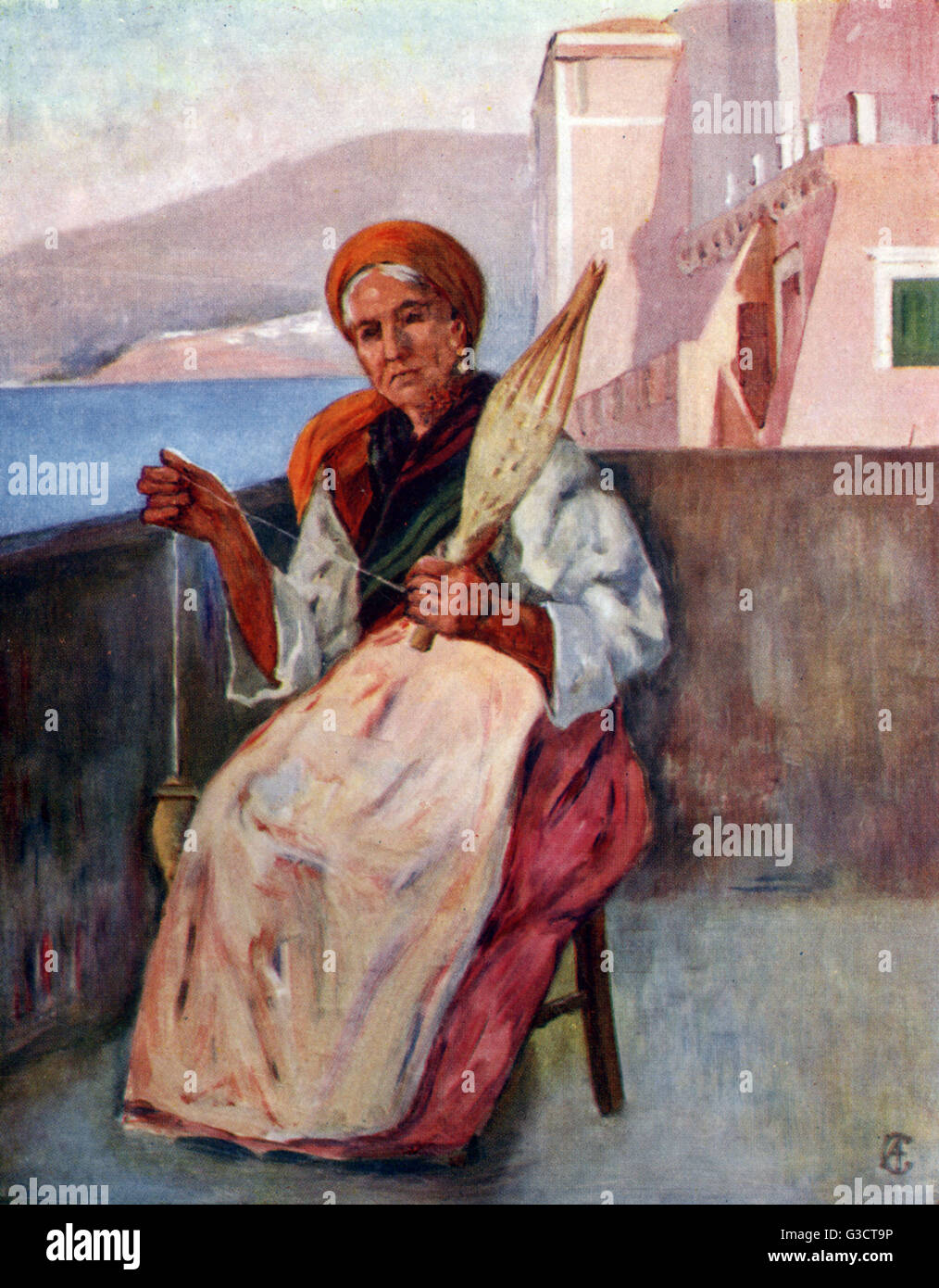 Maison - Sorrento - une vieille femme qui tourne de la laine. Banque D'Images