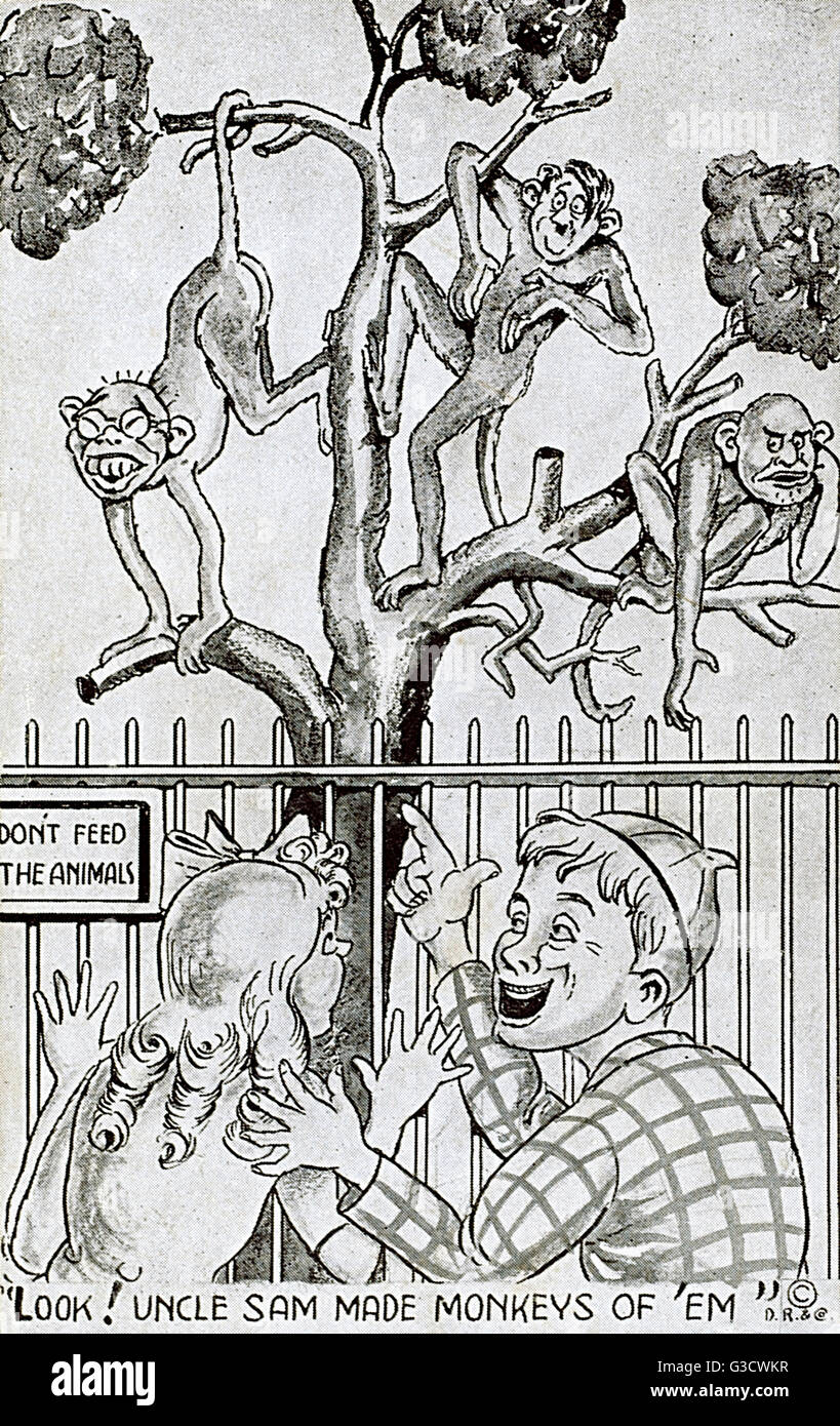 WW2 - US - La propagande des dirigeants de l'axe, l'empereur Hirohito Adolf Hitler et Benito Mussolini comme des singes dans un zoo. Ce "Slam" l'axe de la carte postale sous-titre suivant : "Regardez ! L'Oncle Sam fait le singe de 'em". Date : vers 1944 Banque D'Images