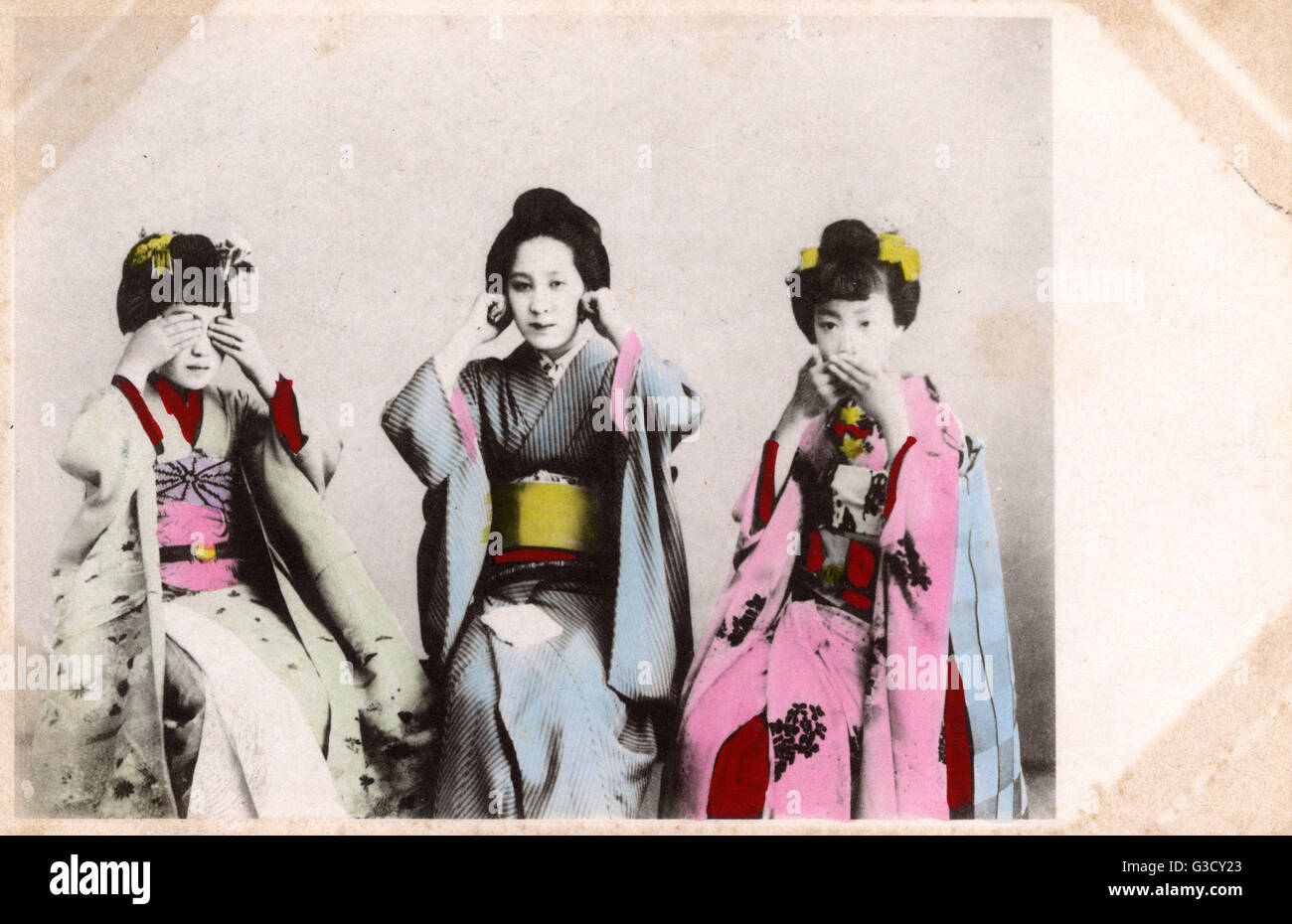 Japon - Geisha - ne voyez pas de mal, n'entendez pas de mal, ne parlez pas de mal Banque D'Images