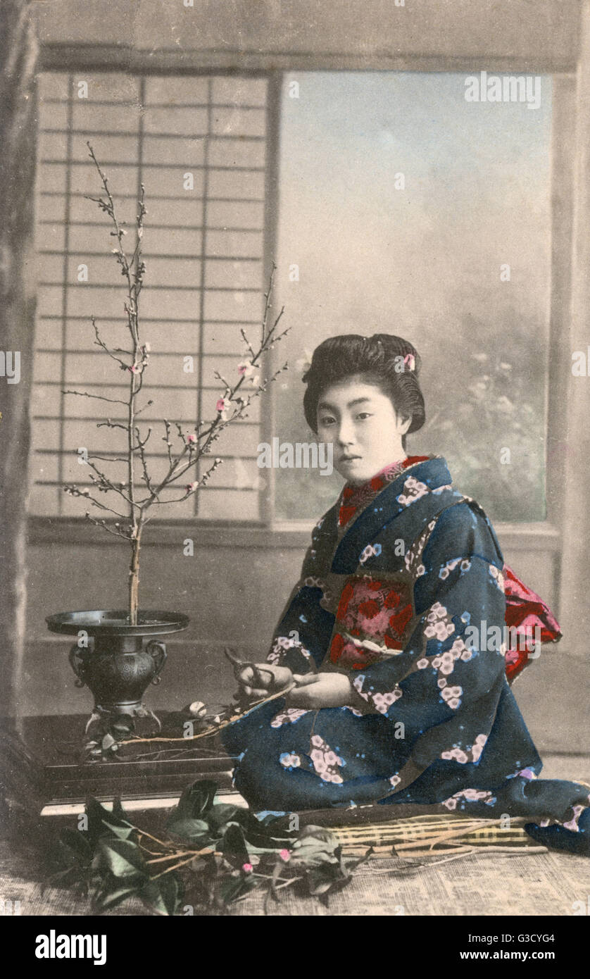 Japanese Geisha - organisation traditionnelle des fleurs Banque D'Images
