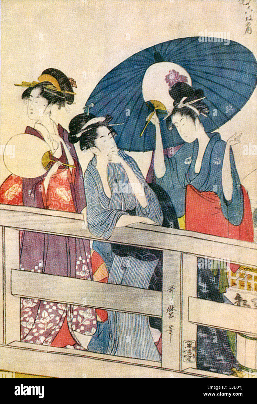 Imprimé Kitagawa Utamaro - filles sur un pont Banque D'Images