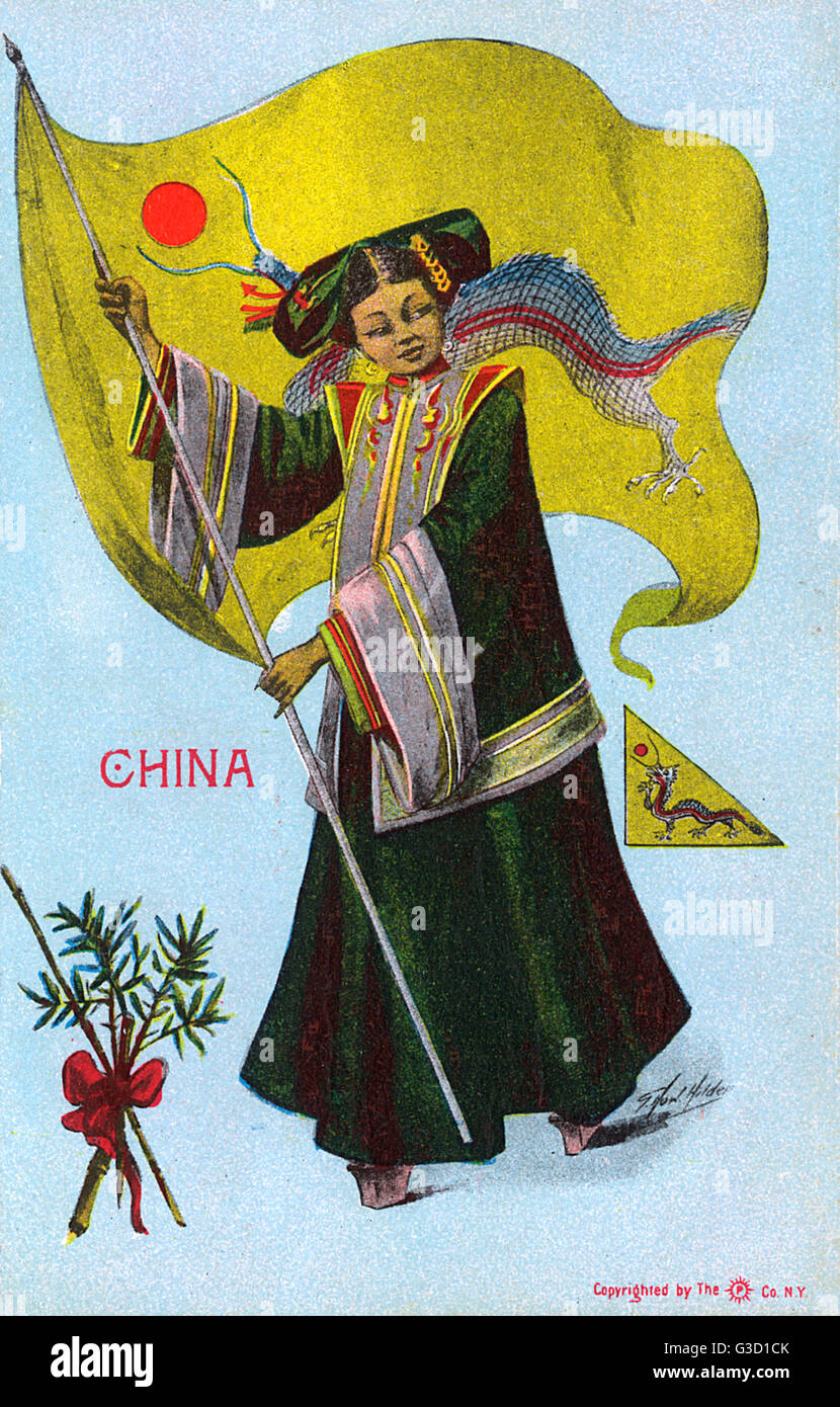 Femme chinoise stylisée portant un grand drapeau dragon Banque D'Images