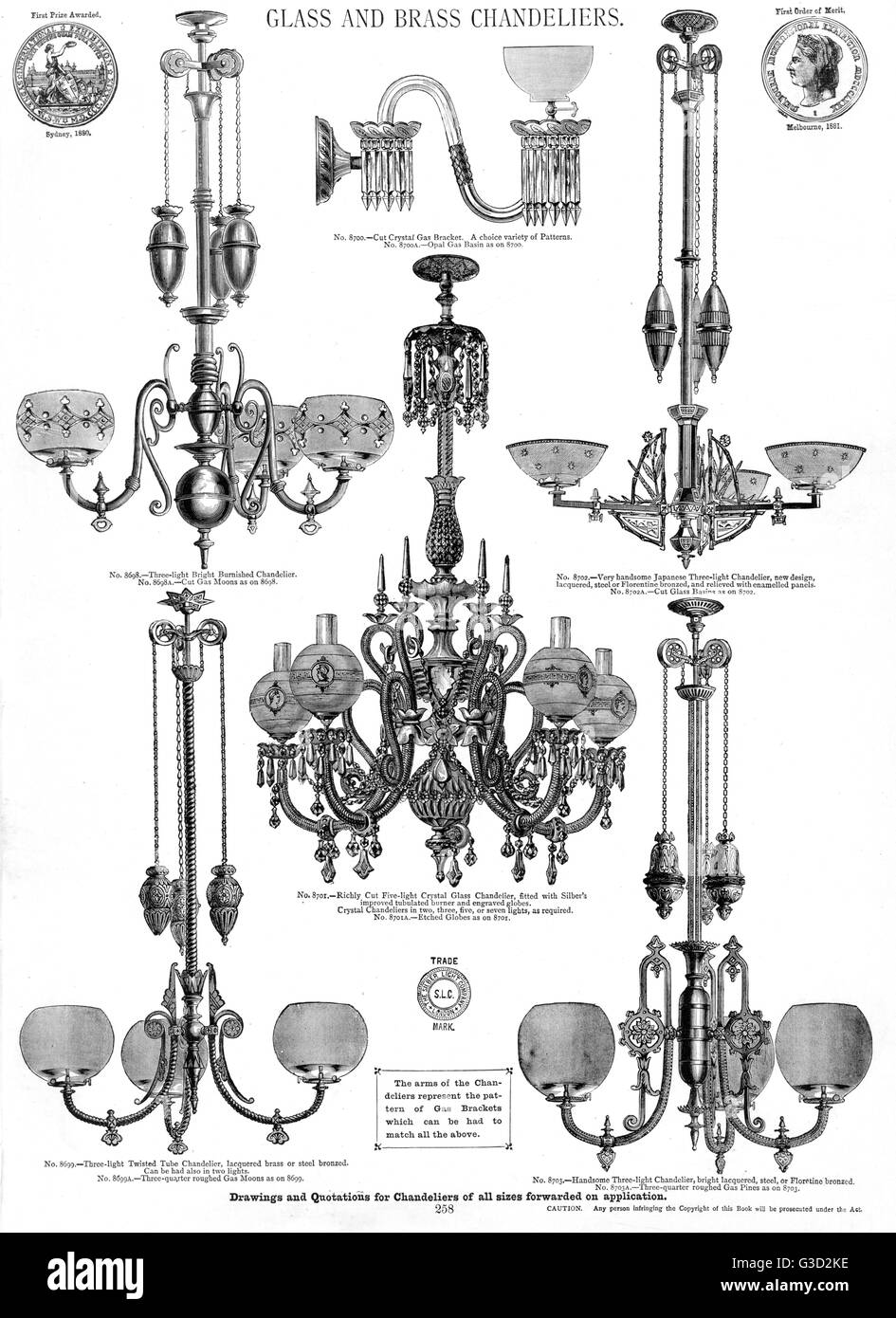 Globes gravés en verre et lustres en bronze 1881 Banque D'Images