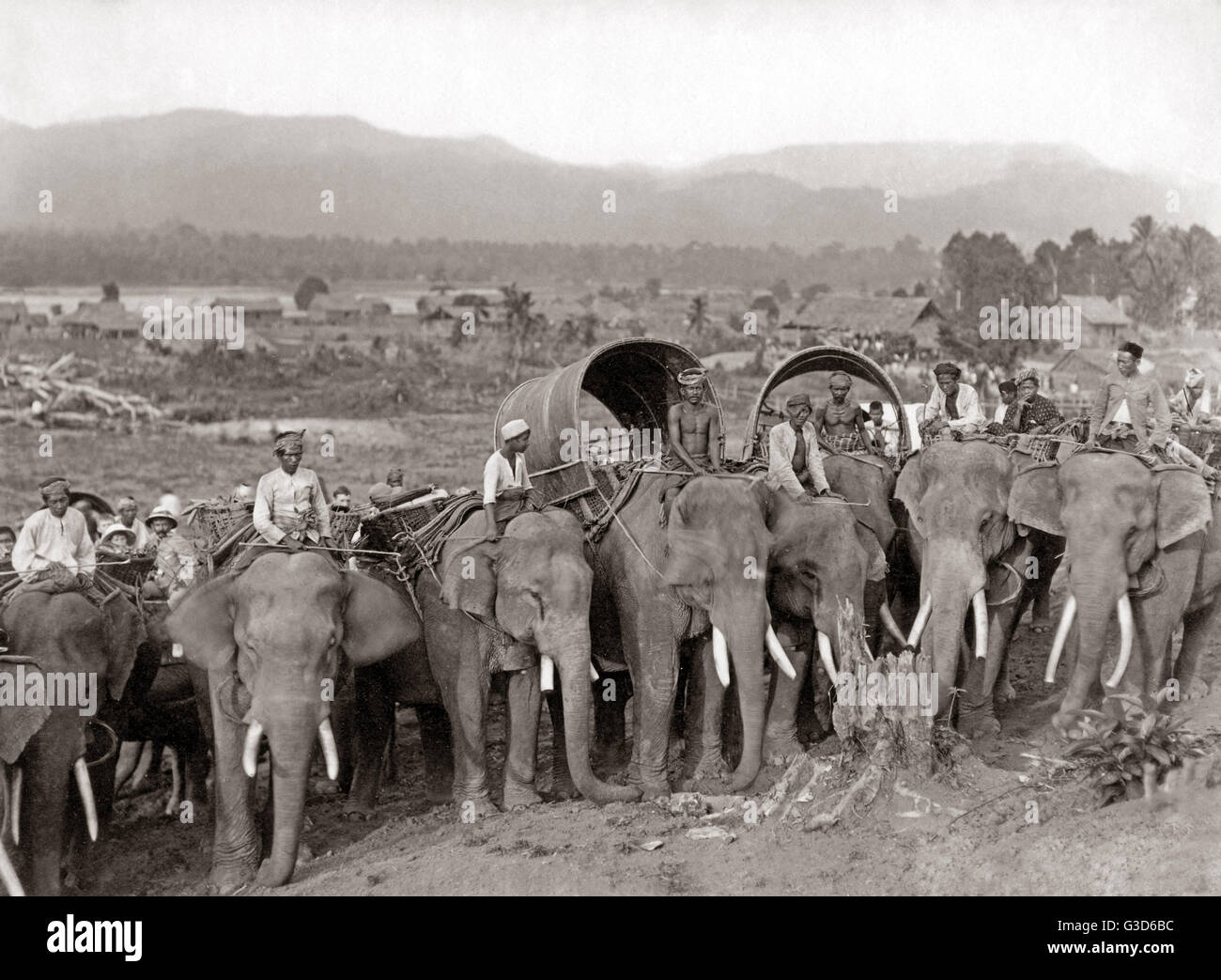 Les éléphants qui travaillent, probablement la Birmanie, vers 1890 Banque D'Images