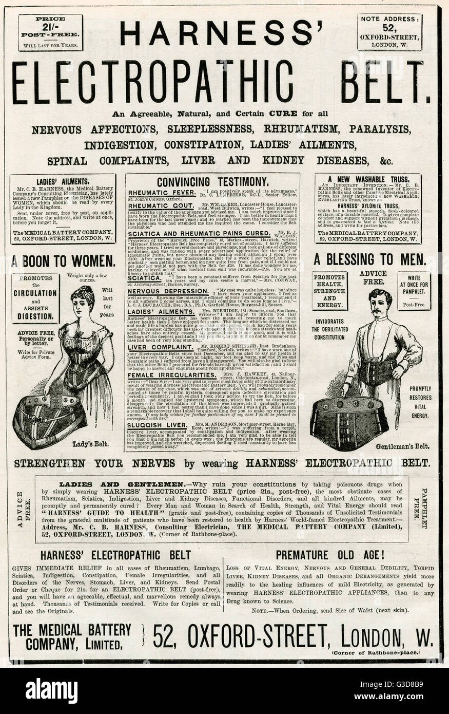 Publicité pour les ceintures corset Electropathic Harness 1887 Banque D'Images