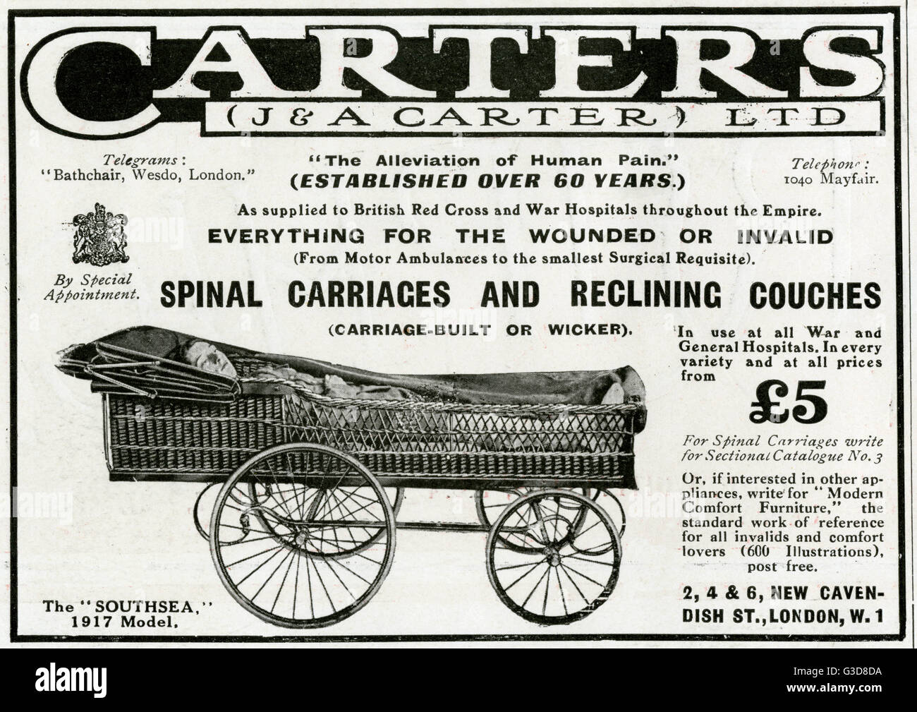 Publicité pour les voitures et en osier spinal charretiers reclinning divans. Date : 1917 Banque D'Images