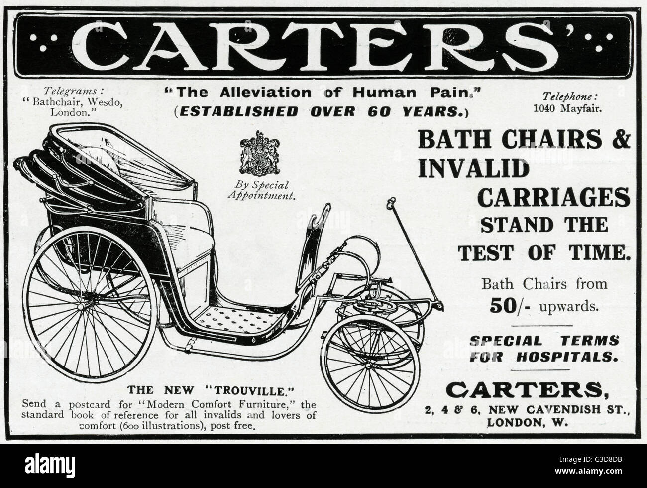 Publicité pour le fauteuil roulant de Carters blessé ou invalide 1915 Photo  Stock - Alamy