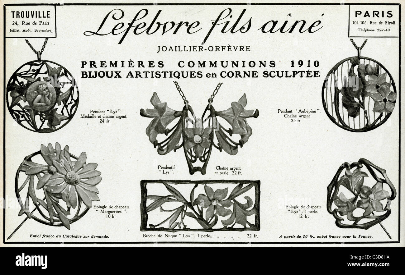 Publicité pour Lefebvre fils aine, bijoux art nouveau 1910 Banque D'Images