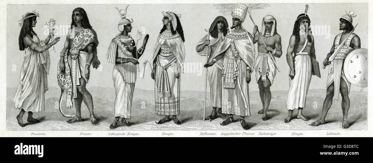 Gamme de vêtements de l'ancienne Egypte. De gauche à droite : prêtresse, prêtre, roi éthiopien, reine, fonctionnaire de la cour, pharaon égyptien, porteur du ventilateur, juge, garde du corps. BCE Banque D'Images