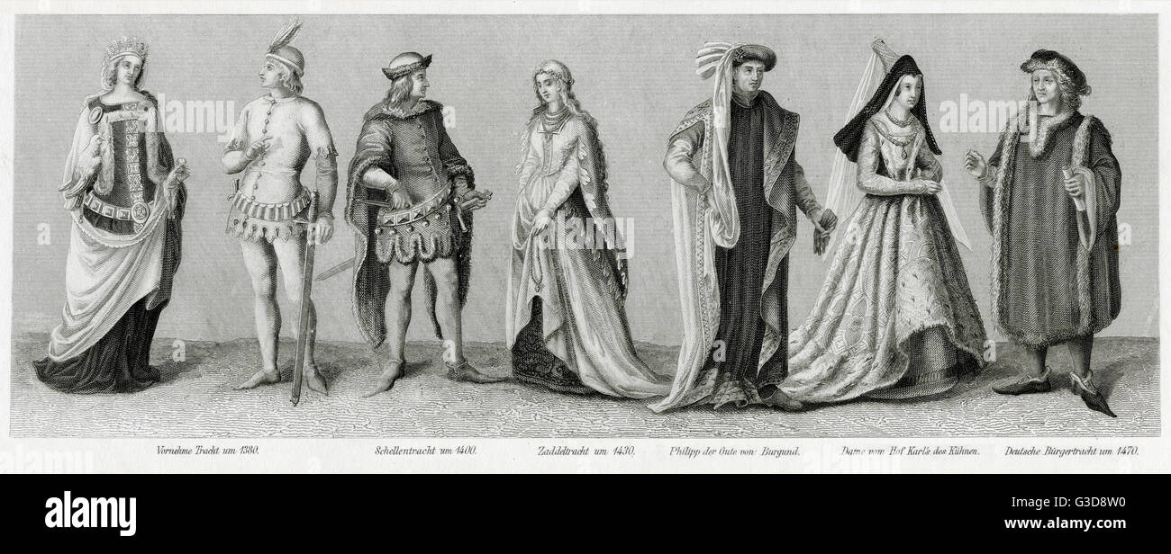 Costume médiéval, montrant diverses personnes dans la classe moyenne et