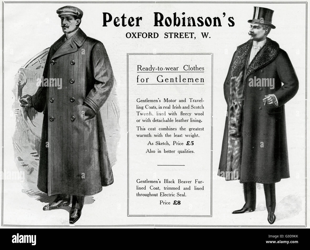 Publicité pour les manteaux de moteur pour hommes de Peter Robinson 1909 Banque D'Images