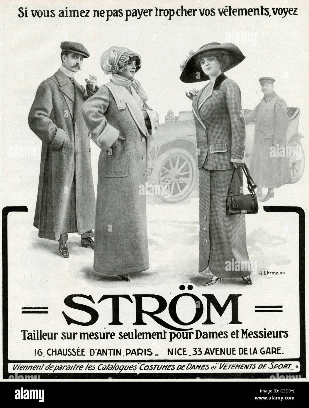 Publicité pour Strom vêtements automobiles pour hommes et femmes 1912 Banque D'Images