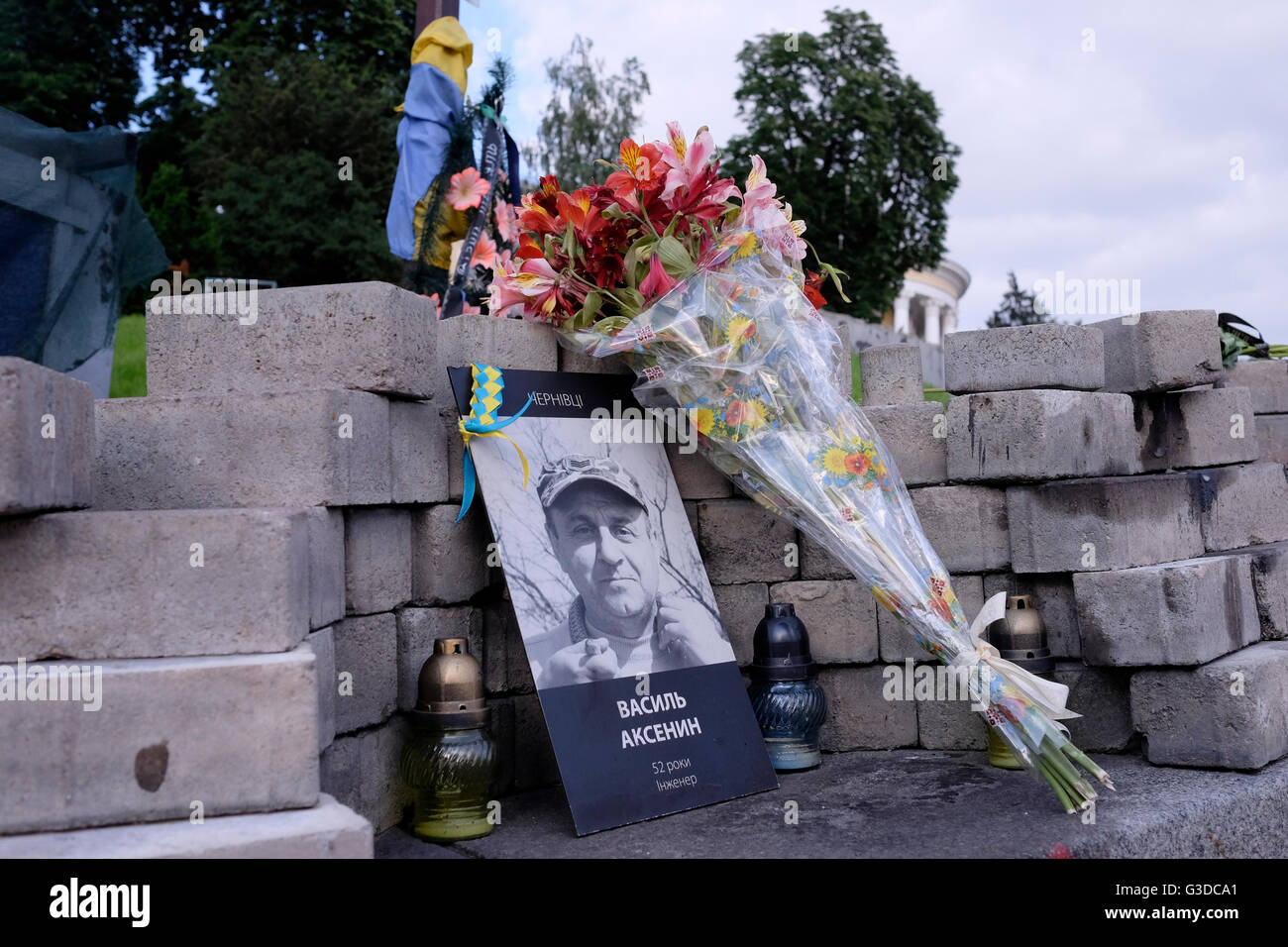 Fleurs placées dans l'allée des héros déchus nommées en mémoire de 100 manifestants abattus par des tireurs d'élite inconnus Pendant la révolution ukrainienne de février 2014 également connue sous le nom de Révolution Euromaidan ou Révolution de la dignité à Maidan Nezalezhnosti Ou place de l'indépendance dans le centre de la capitale de Kiev de l'Ukraine Banque D'Images