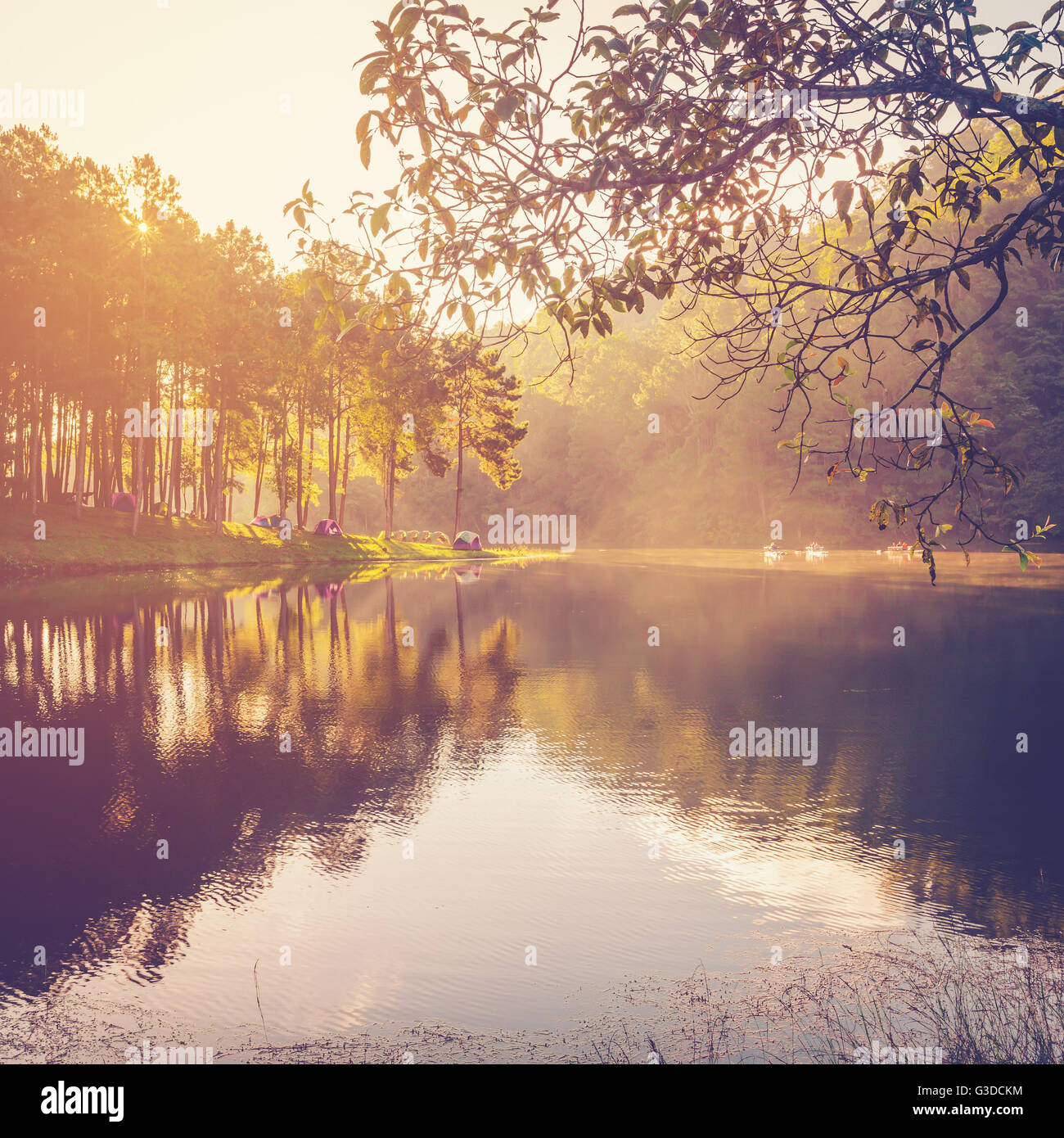 L'eau de bassin et le lever du soleil avec effet vintage. Banque D'Images L'eau de bassin et le lever du soleil avec effet vintage. Banque D'Images
