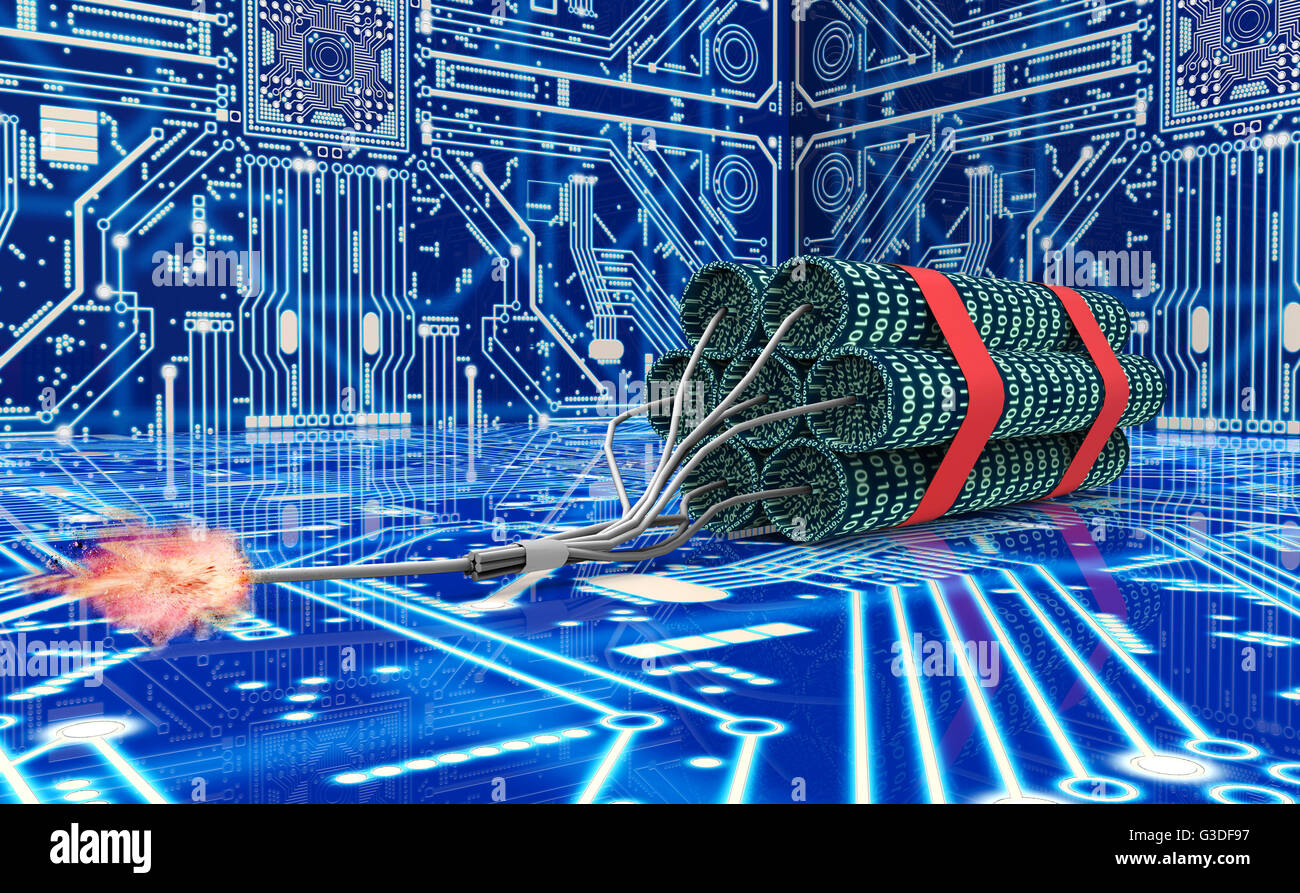 Concept de sécurité numérique d'une bombe dans l'ordinateur, de l'environnement électronique, 3d illustration Banque D'Images