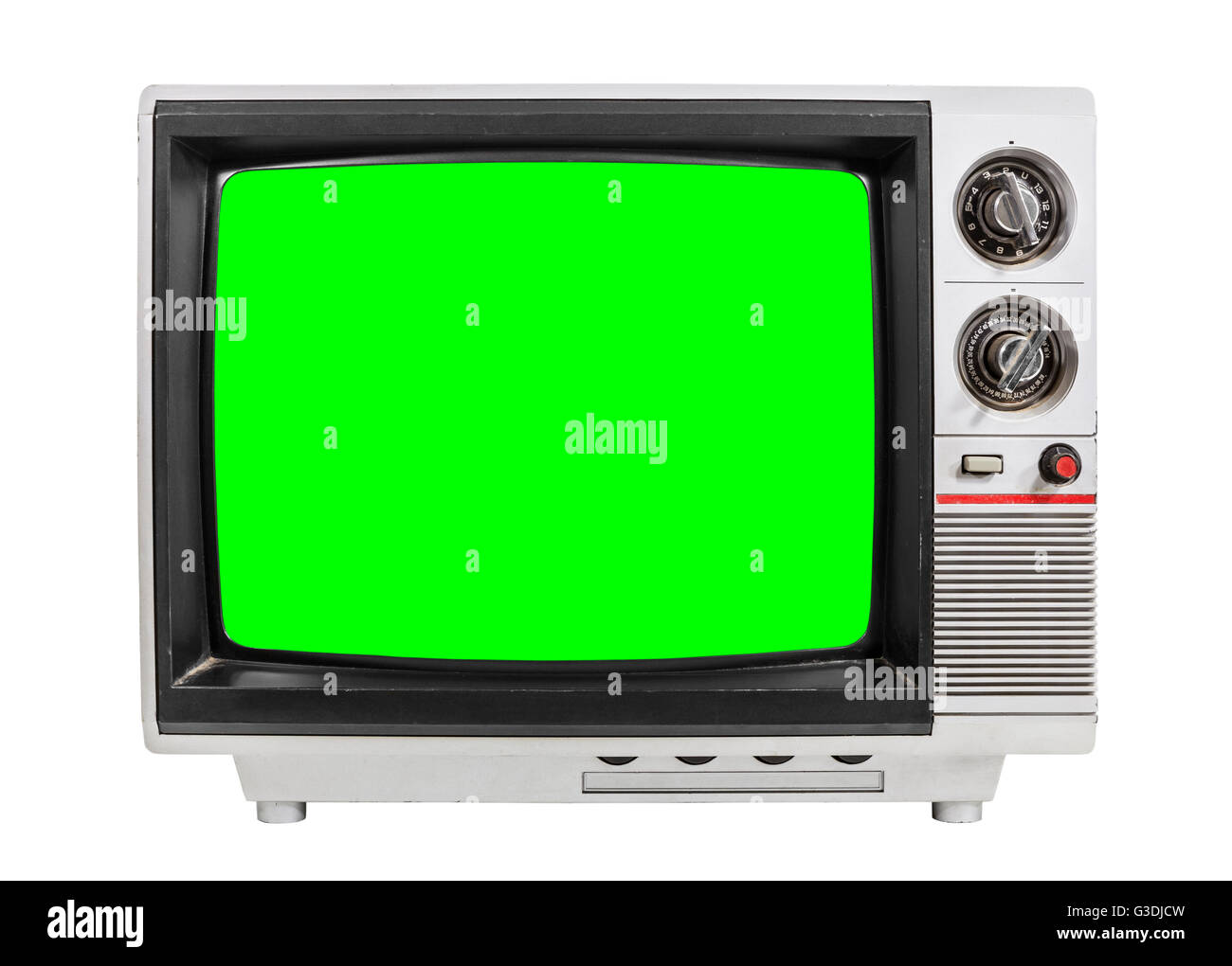 L'ancien téléviseur isolé sur blanc avec écran vert chroma. Banque D'Images