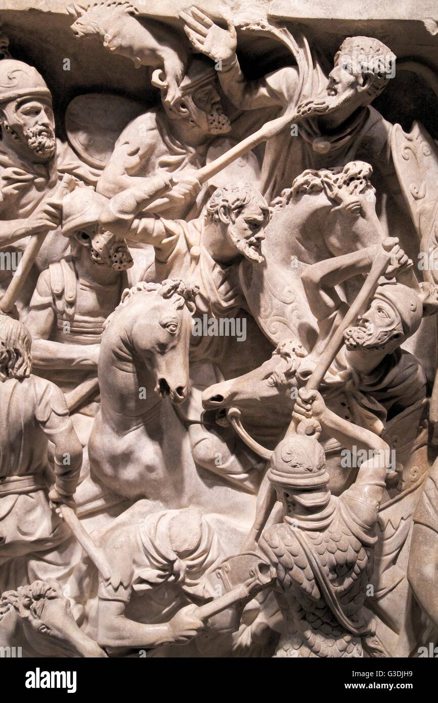 Détail de la bataille, Sarcophage de Portonaccio, Palazzo Massimo, Musée National de Rome, Italie Banque D'Images