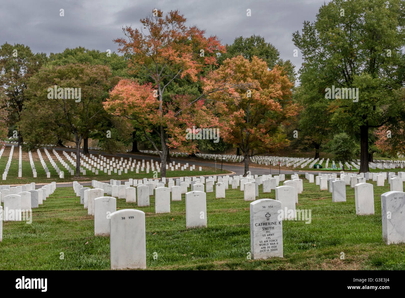 Pierres de tête au cimetière national d'Arlington, un cimetière militaire des États-Unis comté d'Arlington, Virginie, de l'autre côté de la rivière Potomac depuis Washington, DC Banque D'Images