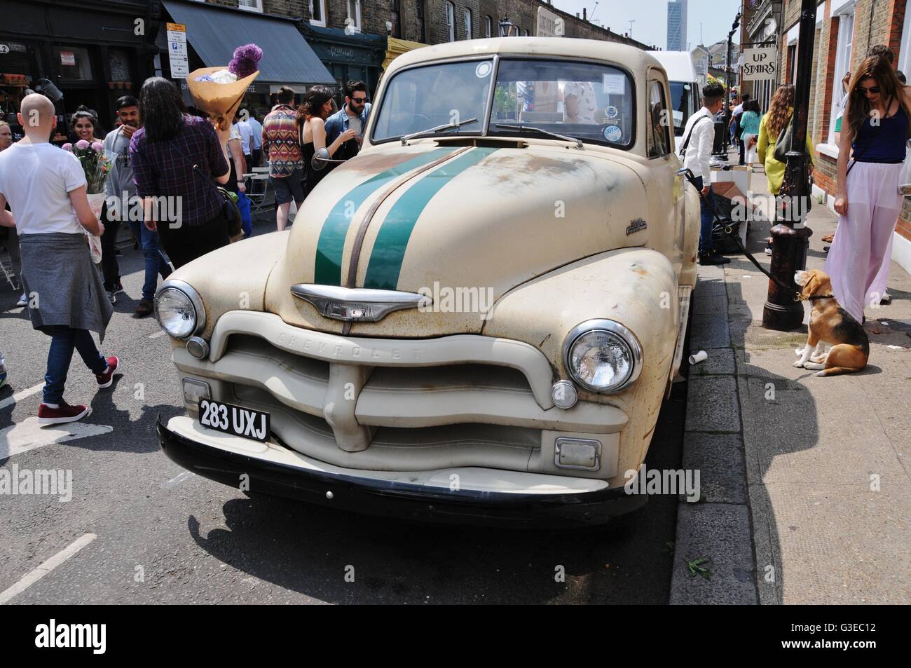 1950 Chevrolet pick up avec chien, dans l'East End londonien. Banque D'Images