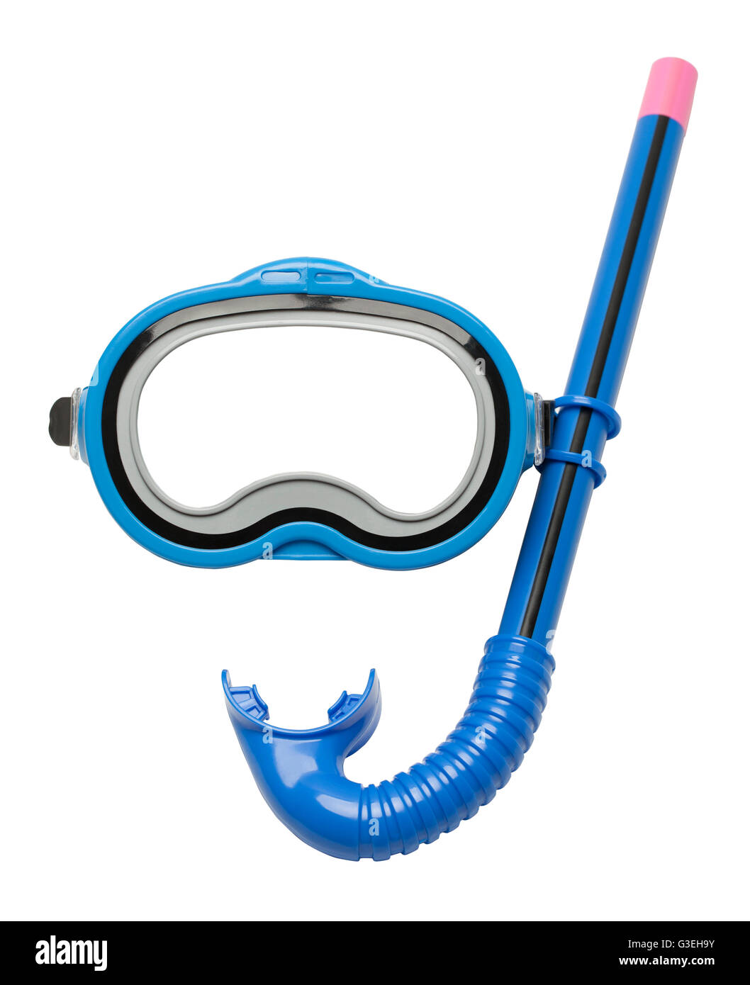 Plongée masque et tuba bleu isolé sur fond blanc. Banque D'Images