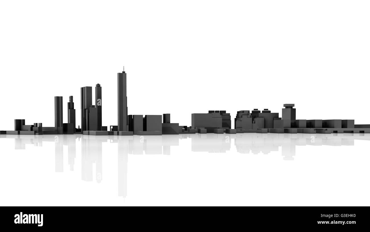 Paysage urbain moderne abstrait d'horizon. Modèle 3d isolé sur fond blanc avec des réflexions sur la masse brillant Banque D'Images