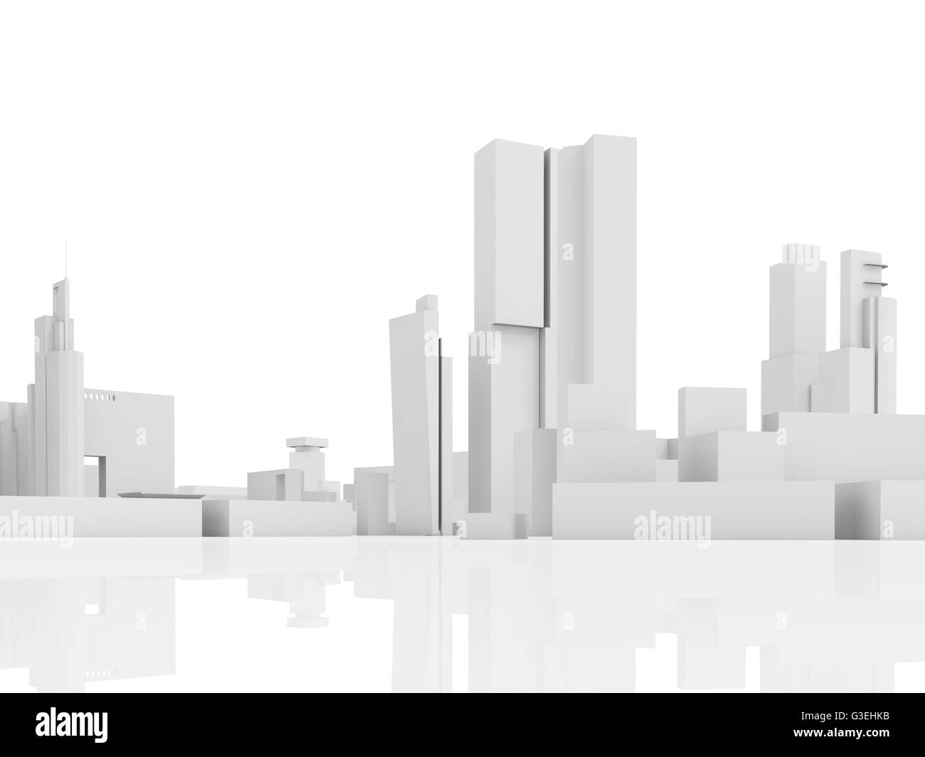 Contemporain abstrait paysage urbain, ses hautes maisons, bâtiments industriels et de tours de bureaux. Rendu 3d illustration isolé sur fond blanc Banque D'Images