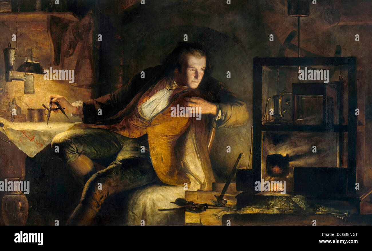 James Watt (1736-1819). Peinture intitulée 'James Watt et le moteur à vapeur : l'aube du 19e siècle" par James Eckford Lauder, huile sur toile, 1855. Banque D'Images