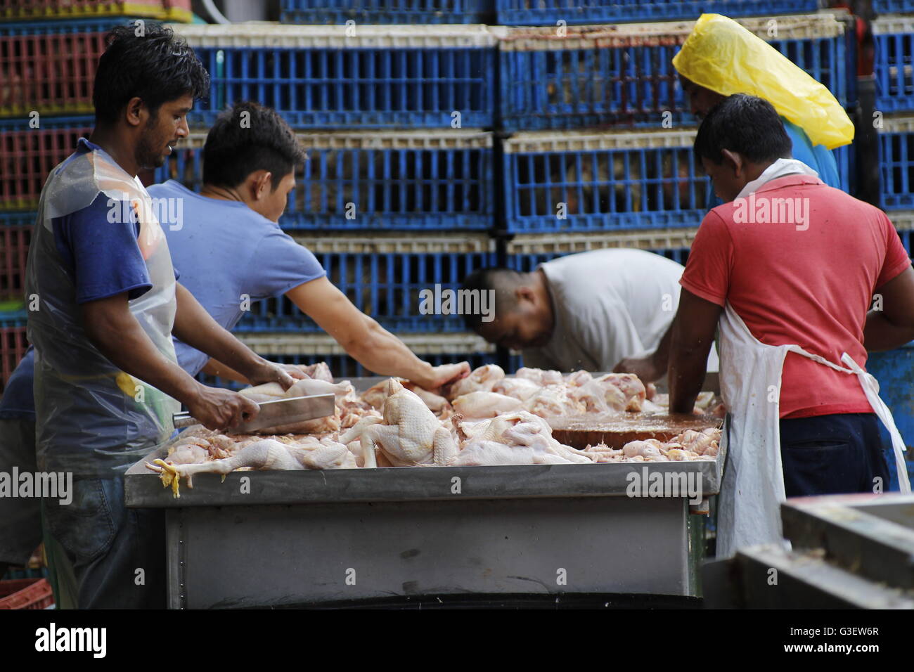 Les bouchers à un marché malaisien de couper les poulets Banque D'Images