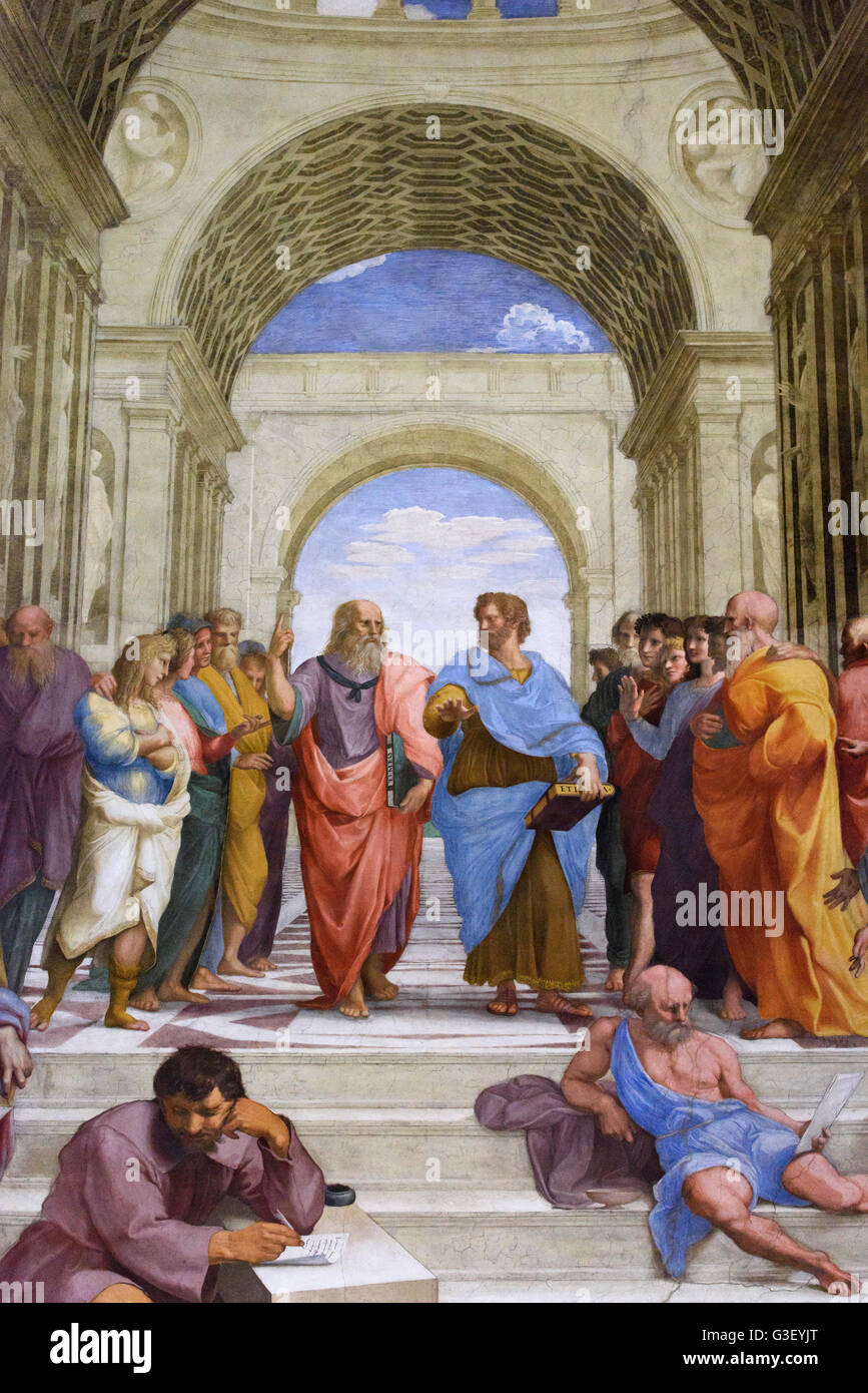 Rome. L'Italie. Détail de Platon (centre gauche) et d'Aristote (centre droit) dans l'École d'Athènes fresque (1509/11) par Raphaël. Banque D'Images
